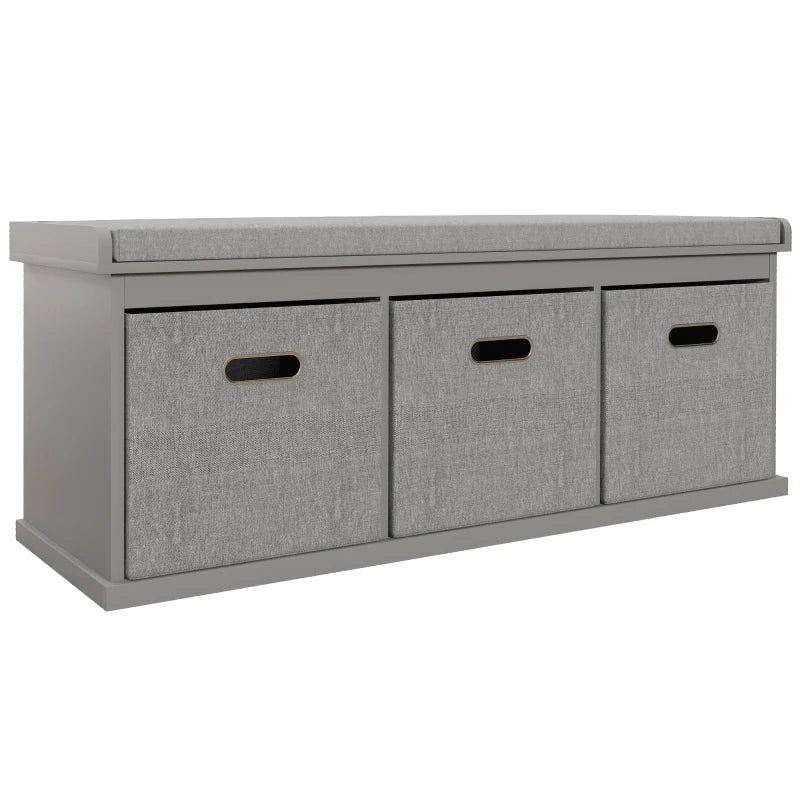 Grey Shoe Storage Bench with Cushioned Seat & 3 Pull-Out Drawers