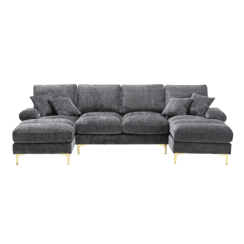 Modular U-Shaped Sectional Sofa, Chenille Fabric, Double Chaise, Grey, 272cm