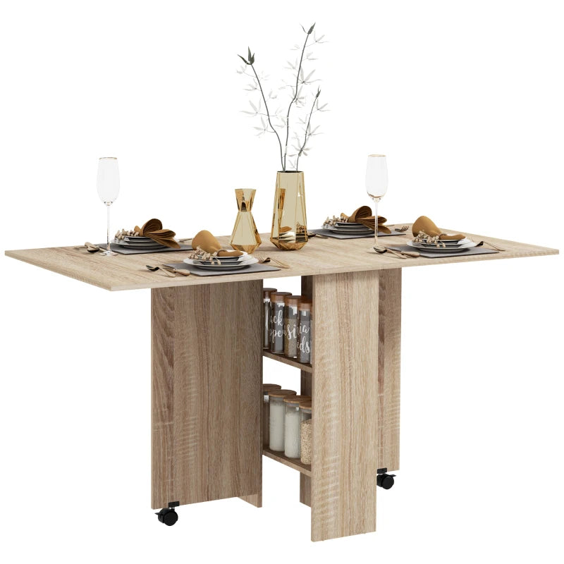 Drop Leaf Folding Dining Table, Natural Finish, 2-Tier Shelves & Wheels