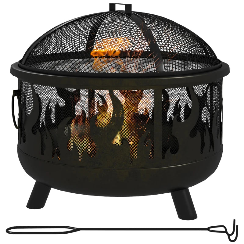 Steel BBQ Fire Pit with Poker, Black Outdoor Heater and Grill