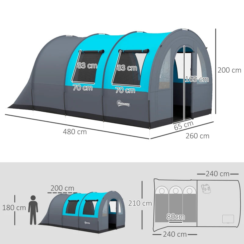 6-Person Camping Tent – Tunnel Style with Duo Rooms, Grey/Blue