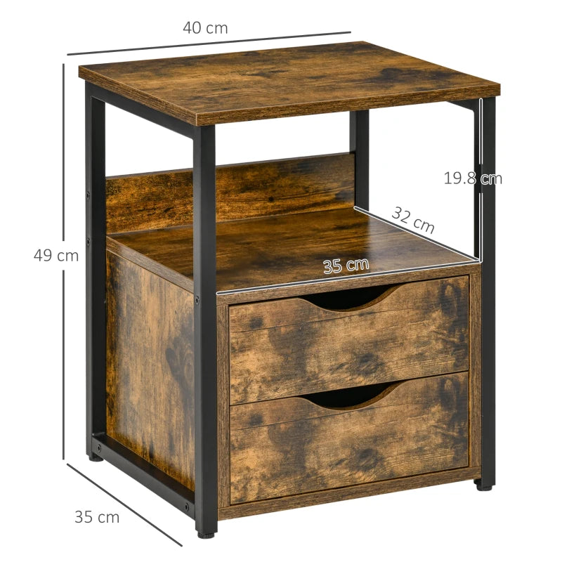 Industrial Nightstand – Slim Side Table with Drawer & Shelf, Rustic Brown