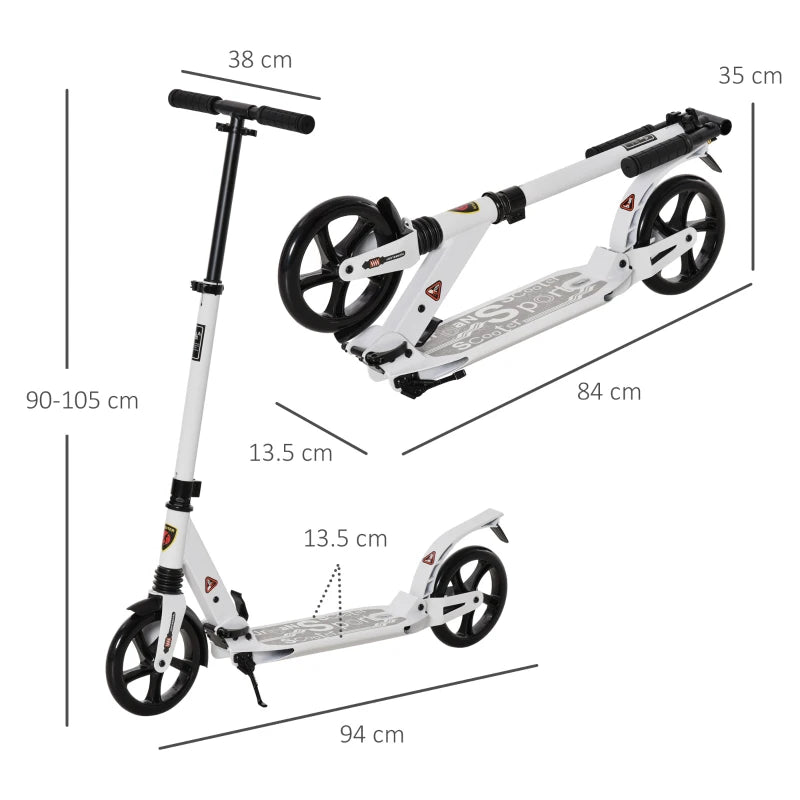 Folding Kick Scooter – Adjustable, Big 200mm Wheels, White