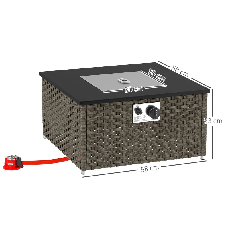 Propane Gas Fire Pit Table with Lid, Rattan Coffee Table & Patio Heater, Grey 58x58x33cm