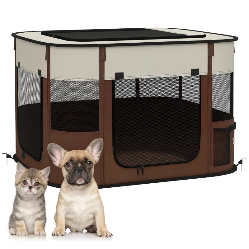 Foldable Pet Pen with Stakes & Storage Bag – Brown
