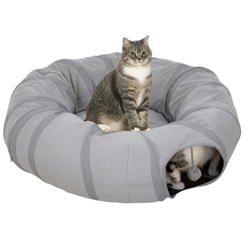 Grey Cat Play Tunnel with Peek Hole & Bed
