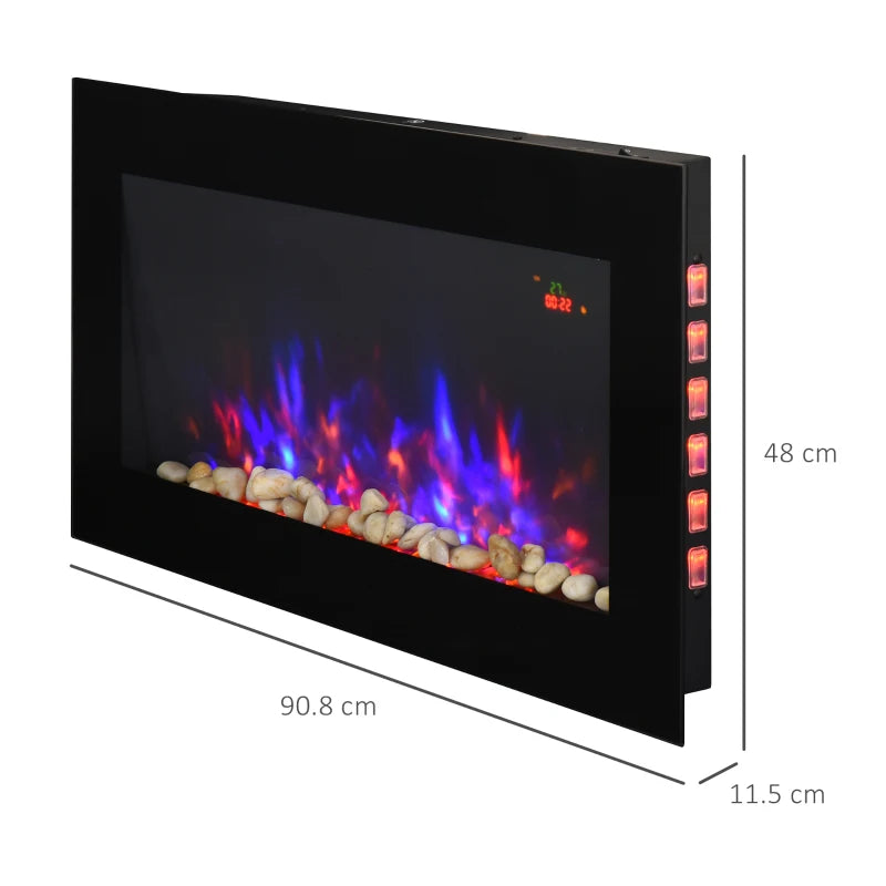 LED Wall Fireplace, Black Curved Glass, 1000W/2000W, 48 x 90.8cm