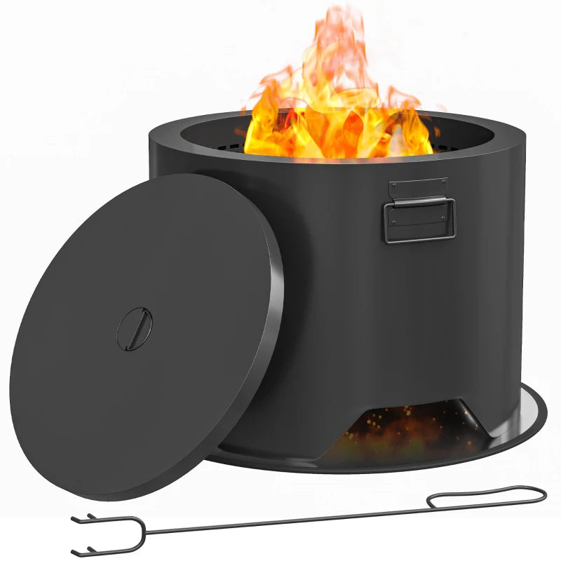 Black Outdoor Round Fire Pit with Protective Lid and Fire Poker for Garden Use