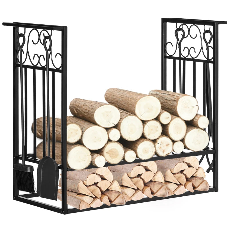 Fireplace Wood Storage Rack with 4 Tools, Steel Log Holder for Indoor and Outdoor Use