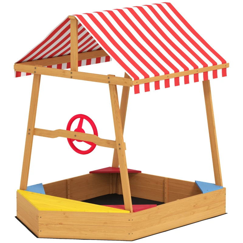 Boat-Shaped Wooden Sandpit for Kids 3-8 with Canopy, Seats, Rudder & Bottom Liner