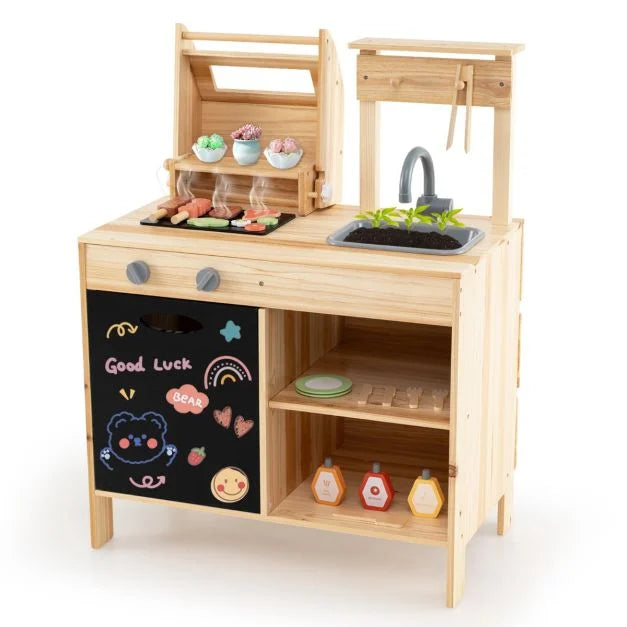 Wooden Kids BBQ Grill Playset with Chalkboard, Accessories, and Play Food