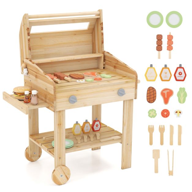 Kids Wooden BBQ Grill Toy Set with Play Food and Accessories