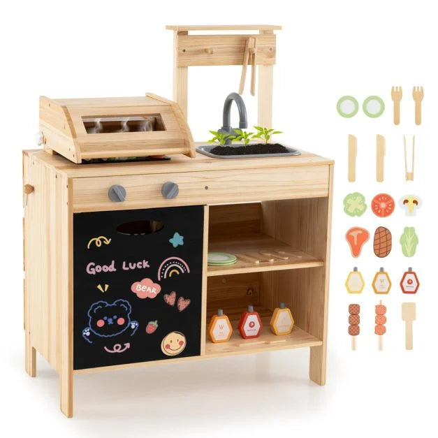 Wooden Kids BBQ Grill Playset with Chalkboard, Accessories, and Play Food