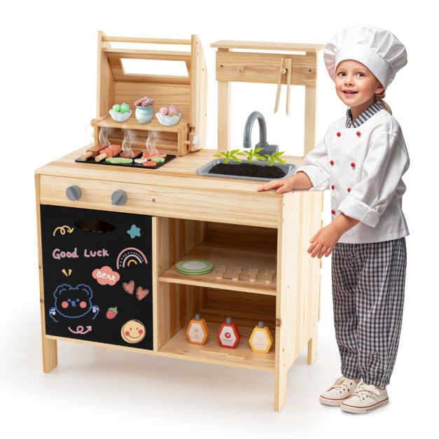 Wooden Kids BBQ Grill Playset with Chalkboard, Accessories, and Play Food