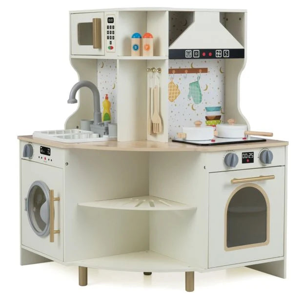 Kids Wooden Corner Kitchen Set with Faucet and Realistic Sound Effects