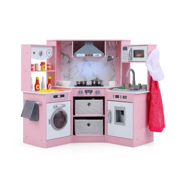 Wooden Kids Play Kitchen Corner Set with Functional Lights and Water Flow System
