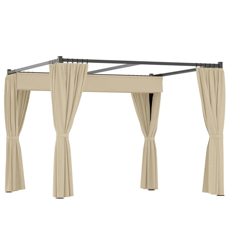 Khaki 3x3m Outdoor Pergola with Sliding Roof and Privacy Curtains for Garden