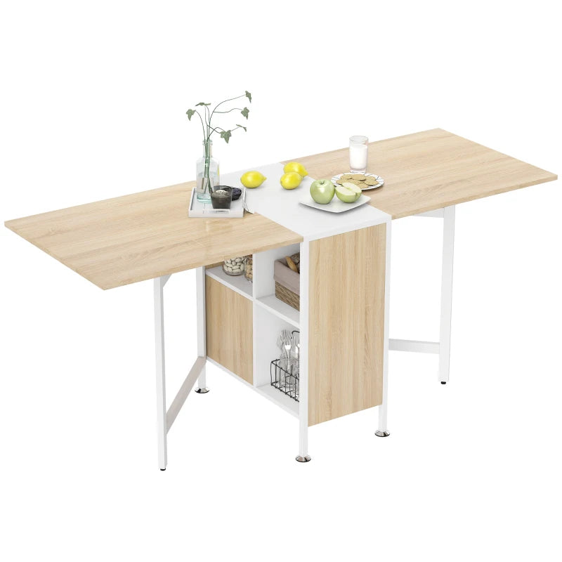 Small Space Dining Table – Drop Leaf Foldable Table with Storage, Oak/White