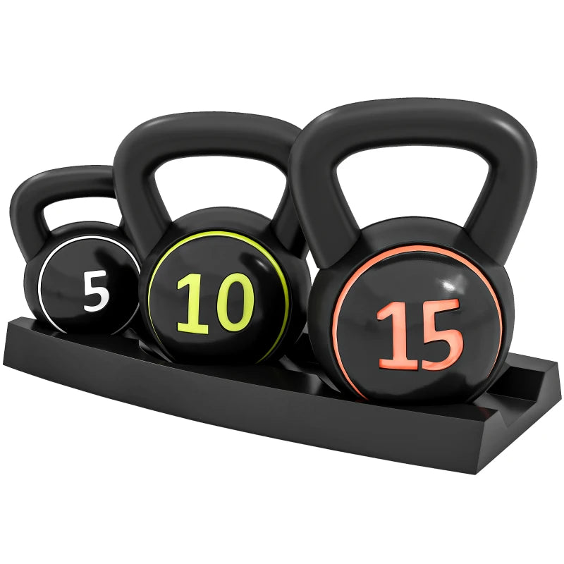 3-Piece Kettlebell Set (5, 10, 15 lbs) with Storage Tray