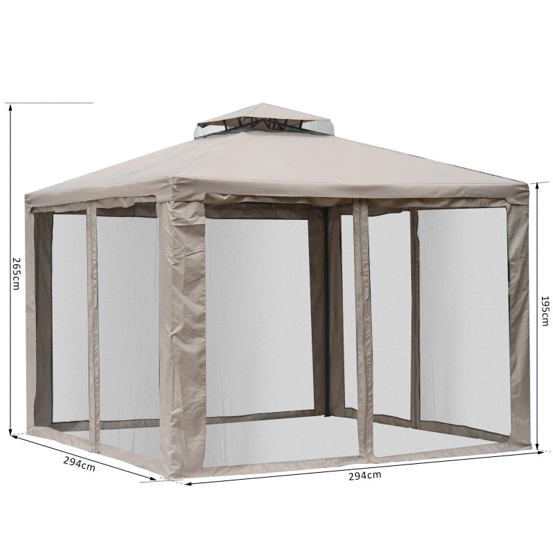 Durable Outdoor Gazebo with Mesh Netting and 2-Tier Roof, 295x295x263 cm