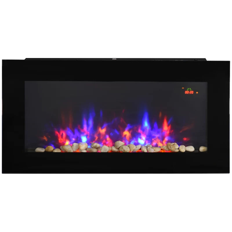 LED Wall Fireplace, Black Curved Glass, 1000W/2000W, 48 x 90.8cm