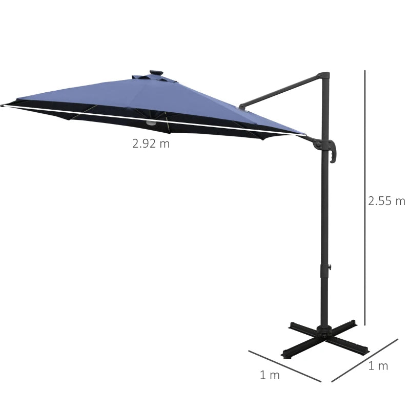 Blue Cantilever Parasol with Solar-Powered LED Lights and Sturdy Base – 3m