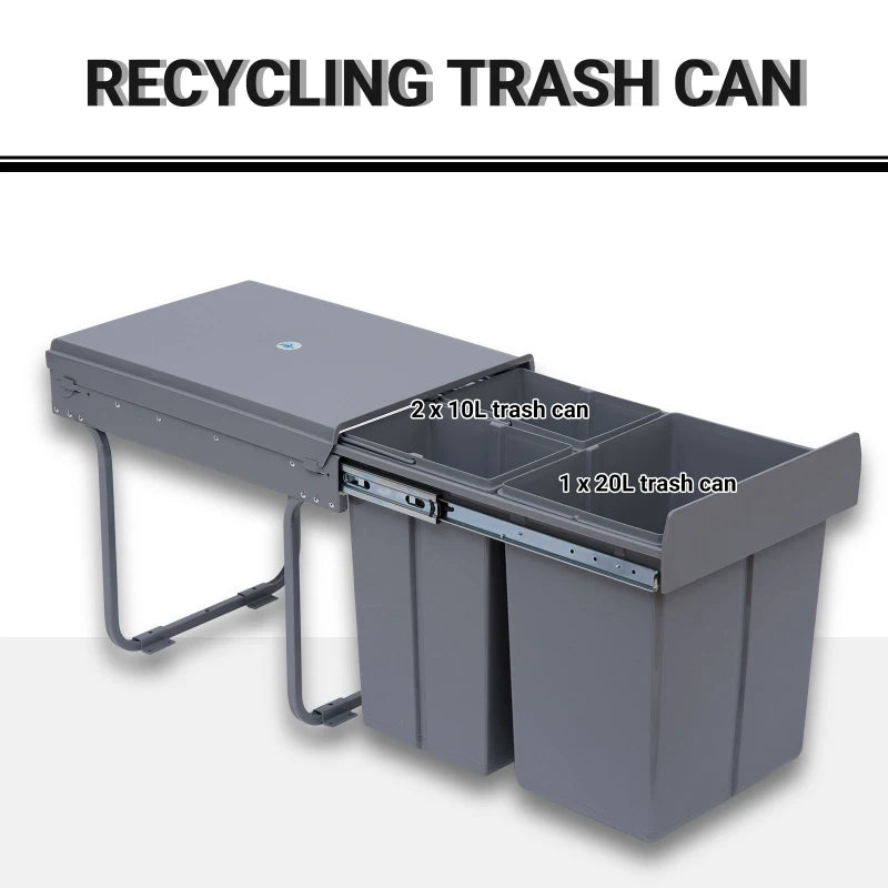 Grey Pull-Out Waste Bin Cabinet, 40L Recycling Bin (1x20L+2x10L)