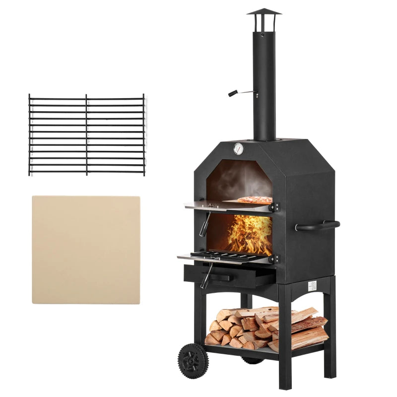 Stainless Steel 3-Tier Outdoor Pizza Oven BBQ Grill with Chimney and Mesh Shelf