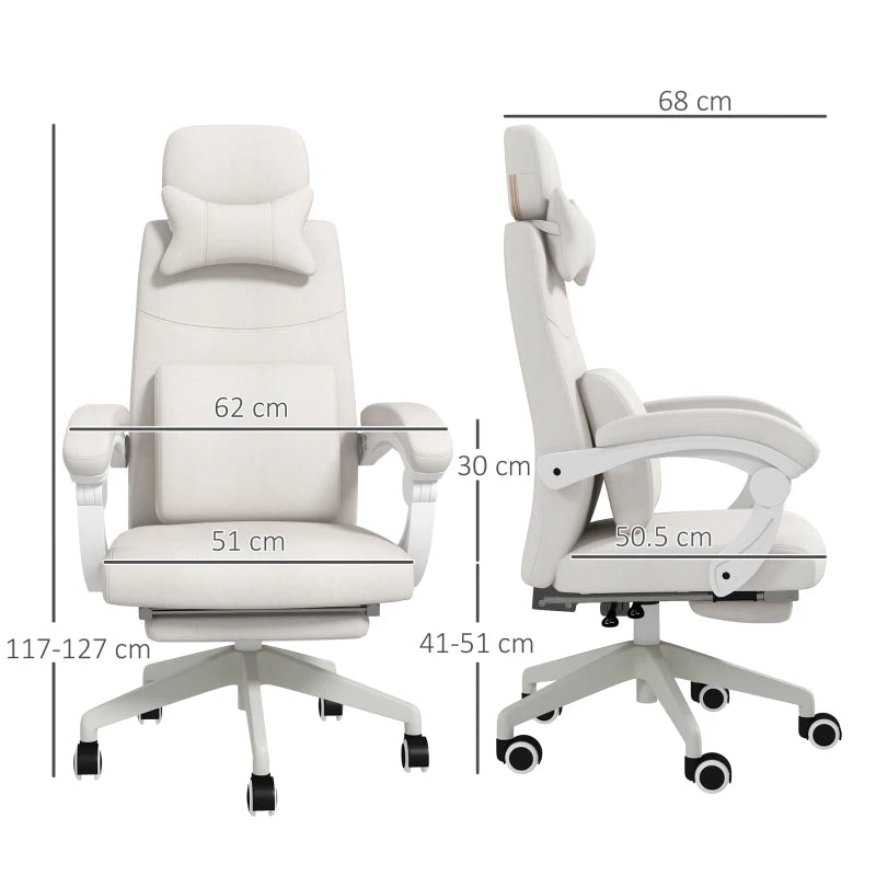 Reclining Office Chair with Linen Finish & Footrest – White
