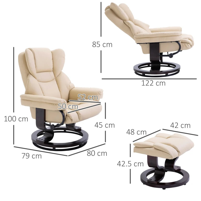 PU Leather Recliner Chair – 360° Swivel with Footstool, Cream, Wood Base