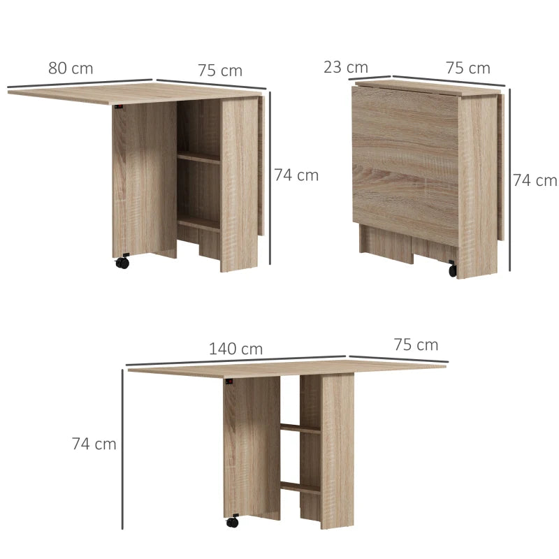 Drop Leaf Folding Dining Table, Natural Finish, 2-Tier Shelves & Wheels