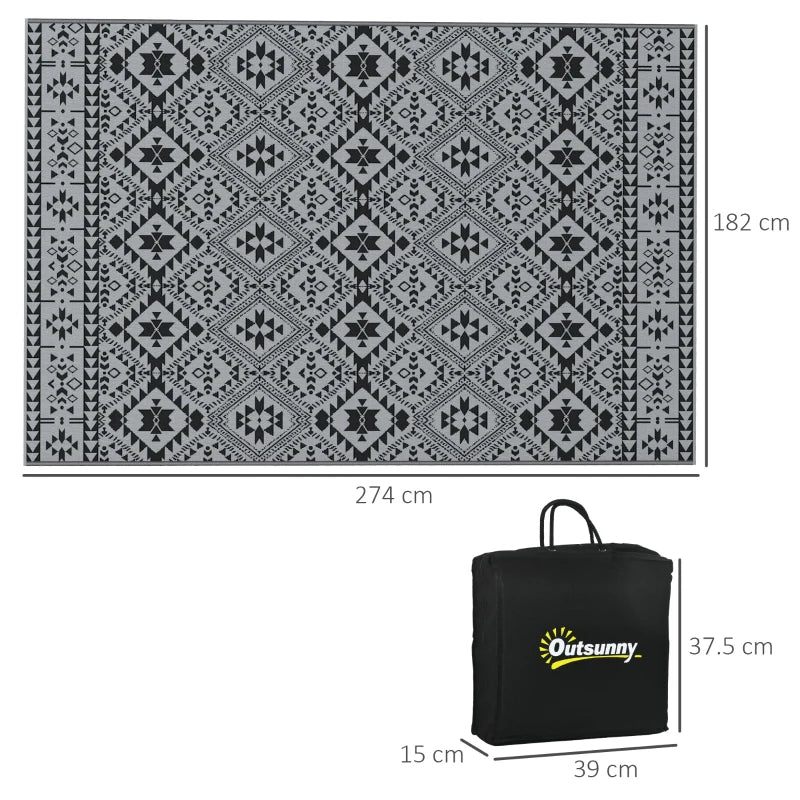 Durable Outdoor Rug 182x274cm with Bag – Reversible Black and Grey Design