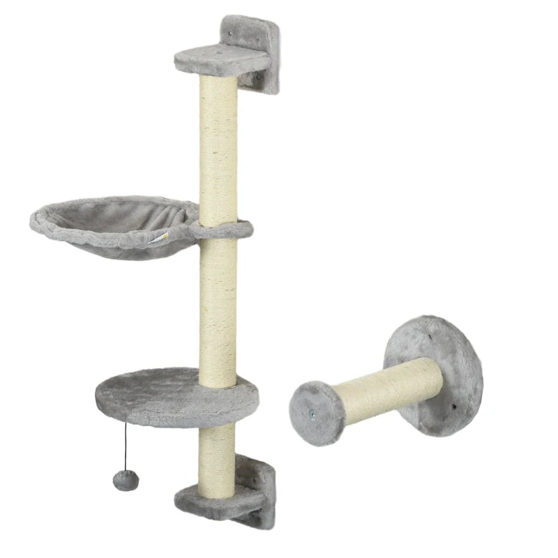 4-Piece Cat Wall Furniture with Hammock & Ladder – Grey
