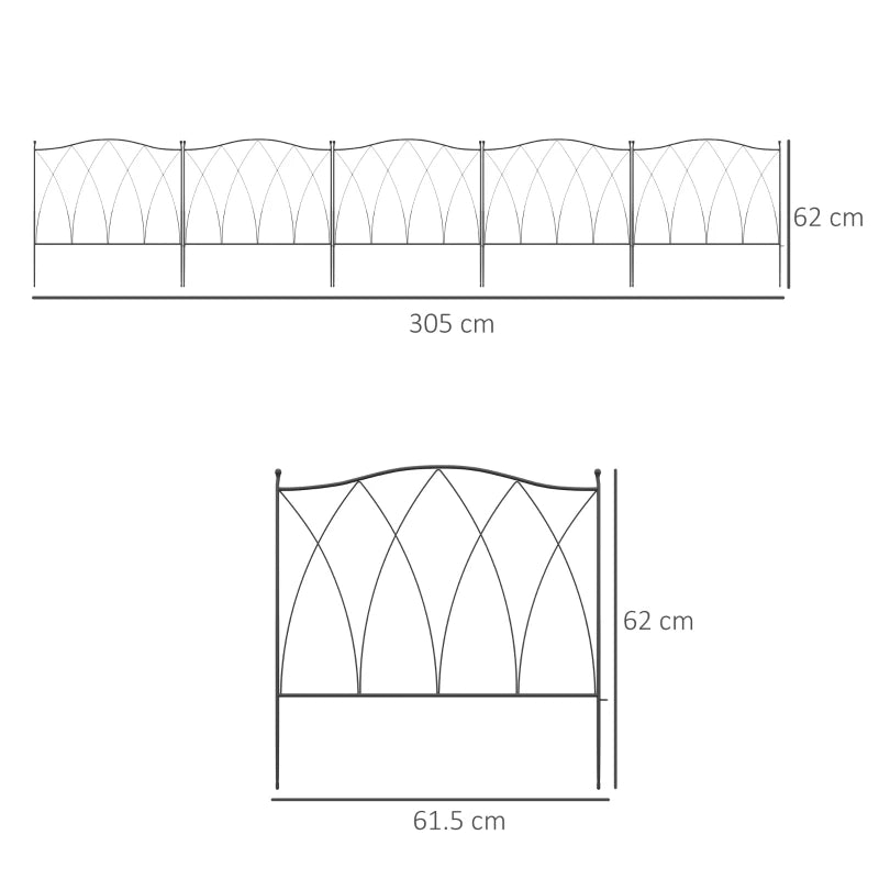 Five-Pack 61.5cm Black Metal Decorative Fence Panels for Garden and Yard Borders