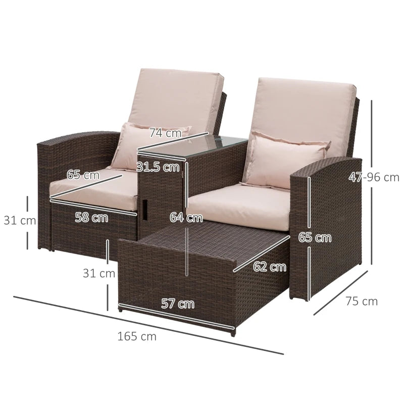 2-Seater Rattan Sofa Lounger Set – Brown Outdoor Patio Furniture