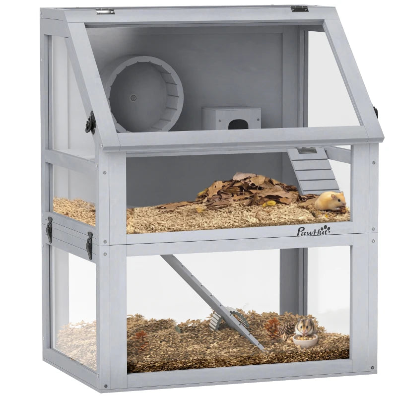 Wooden Hamster Cage Set with Seesaw, Hut & Ramp – Light Grey, 60x40x75cm