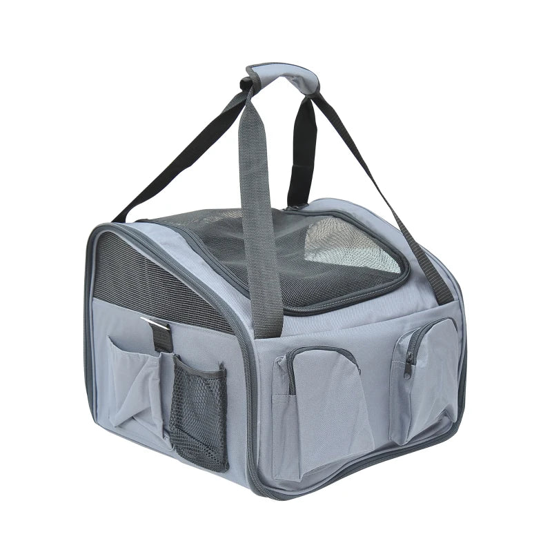 Grey Portable Pet Carrier Tote – Folding Travel Cage for Cats & Dogs