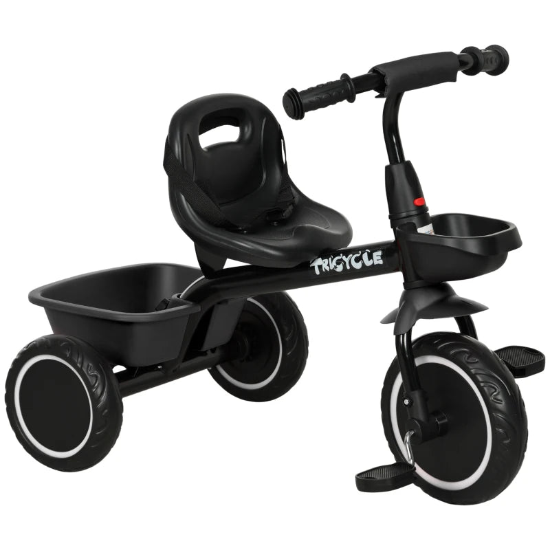 Adjustable Seat Kids Trike with Pedals & Basket for 2-5 Year Olds – Black Finish