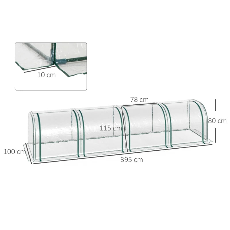 Clear PVC Tunnel Greenhouse with Steel Frame and Zipper Doors – 395x100x80cm