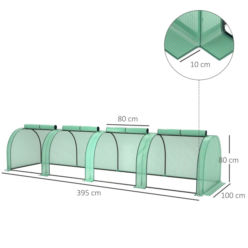 Compact Polytunnel Greenhouse with Zipped Doors & Steel Frame, 395x100x80cm, Green
