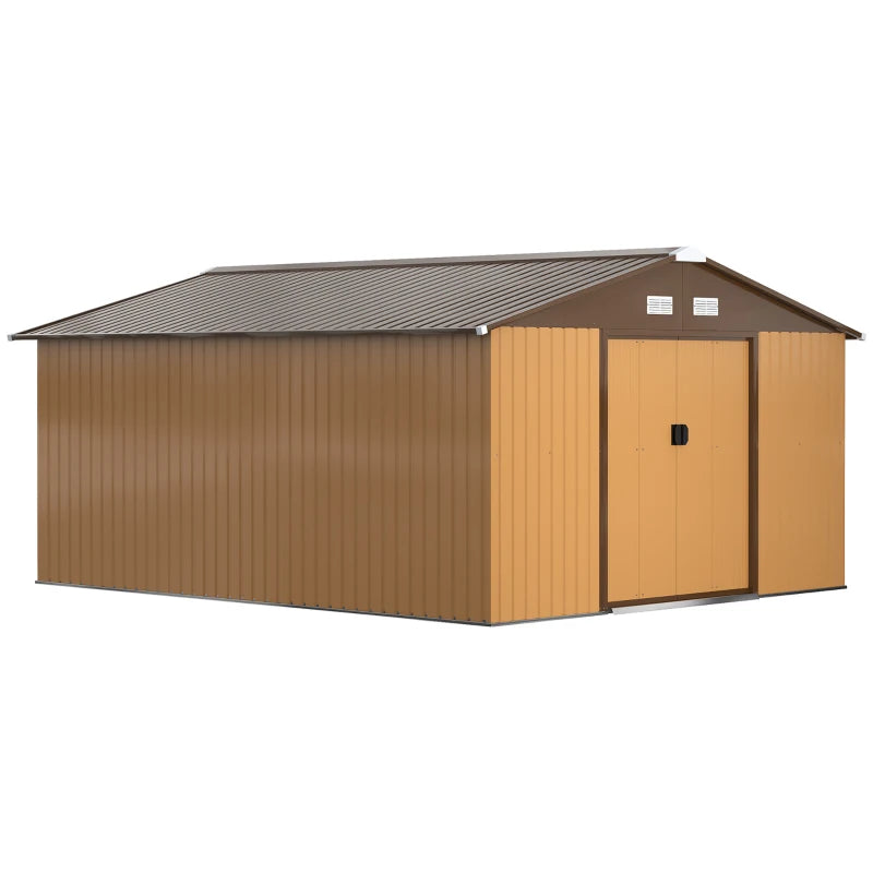 13x11ft Metal Garden Shed with Ventilation, Foundation Kit & Lockable Double Doors