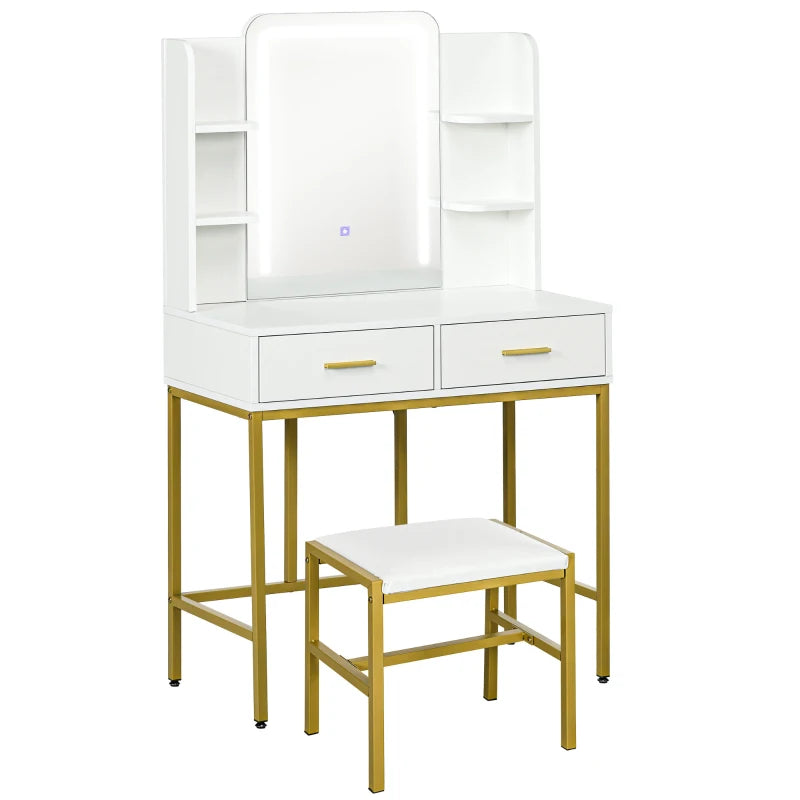 Vanity Table with LED Lights and Stool – Elegant White Design