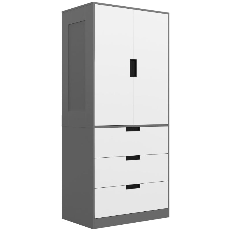 2 Door Bedroom Wardrobe with Hanging Rod & 3 Drawers, Modern Grey