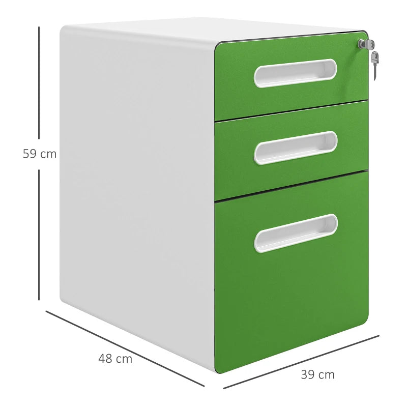 Green Lockable File Cabinet with Wheels – 3 Drawers