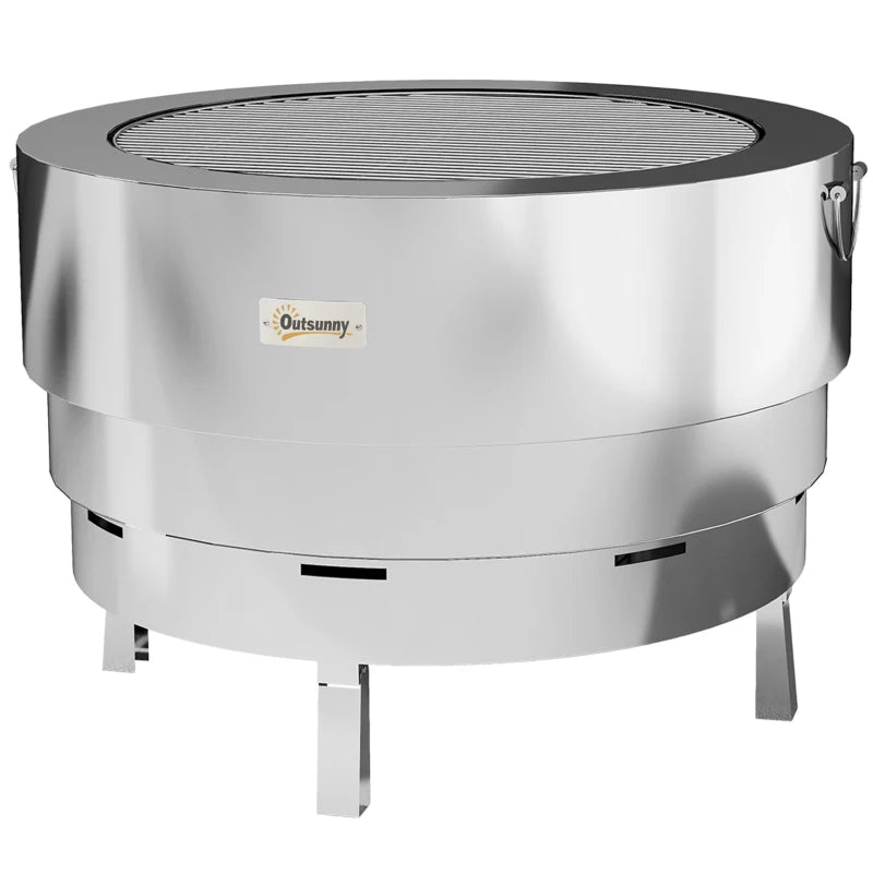 Stainless Steel Outdoor Wood-Burning Fire Pit with Fire Poker, Silver Color