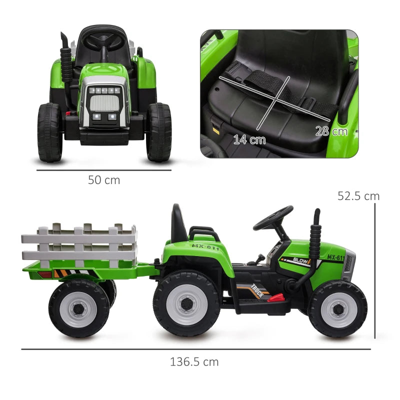 Kids Battery-Powered Ride-On Tractor with Trailer, Remote & Music Features - Green