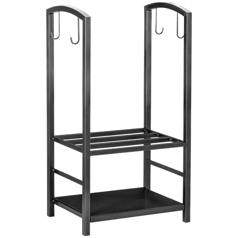 Metal Firewood Storage Rack 2 Layers with Fireplace Tools and Hooks, Black Finish