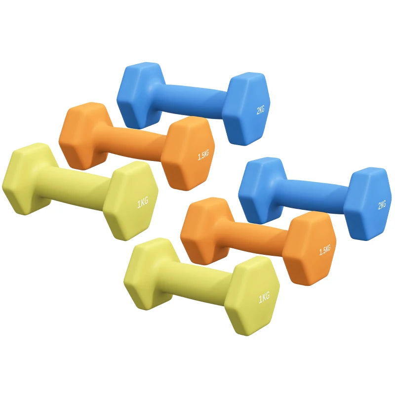 6-Piece Dumbbell Set – Hex Weights for Home Gym (1–2kg)