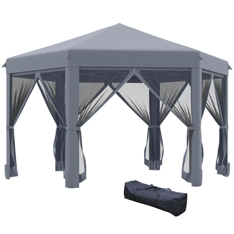 Pop Up Hexagonal Gazebo Canopy Tent with 6 Mesh Sidewalls & Hand Bag, Grey, 3.8x3.2m