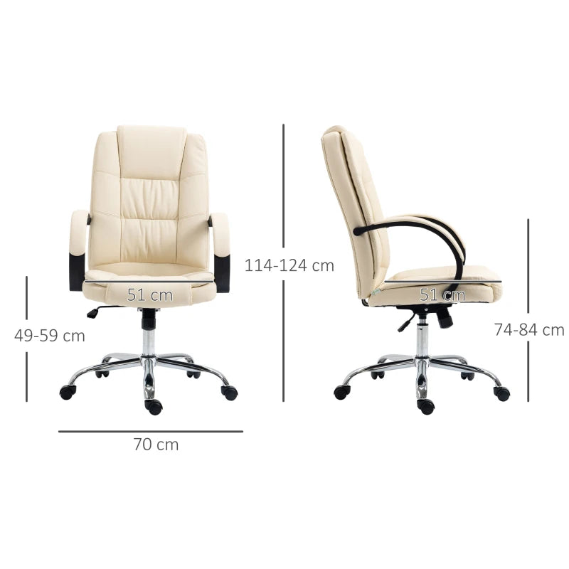 Beige Office Chair – PU Leather Desk Chair with 13cm Padded Seat, Swivel & Wheels